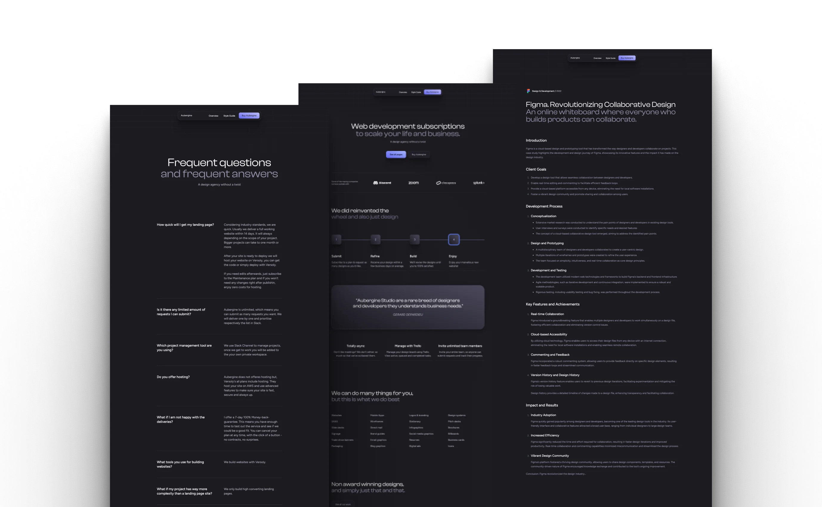 Aubergine theme featuring a FAQ section and project details with a sophisticated dark design and purple highlights. The page includes a variety of text-heavy content areas for explaining services, outlining processes, and showcasing testimonials, all designed to provide comprehensive information to users.